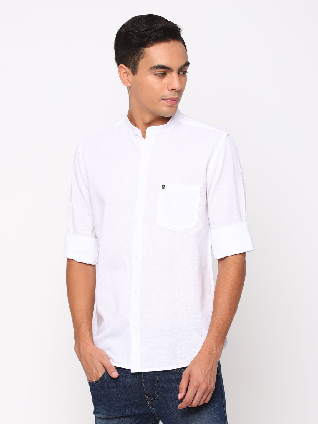 slim fit plain white cotton linen shirt with Mandarin collar