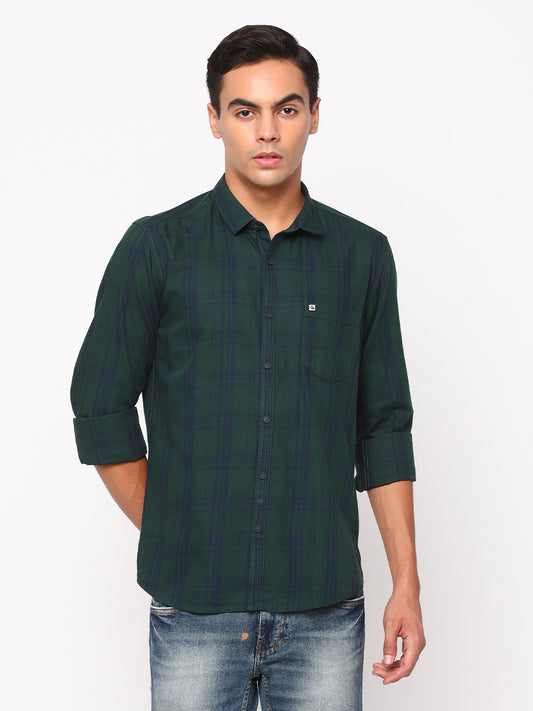 100% cotton Green check shirt with cut away collar and all around double needle stitch