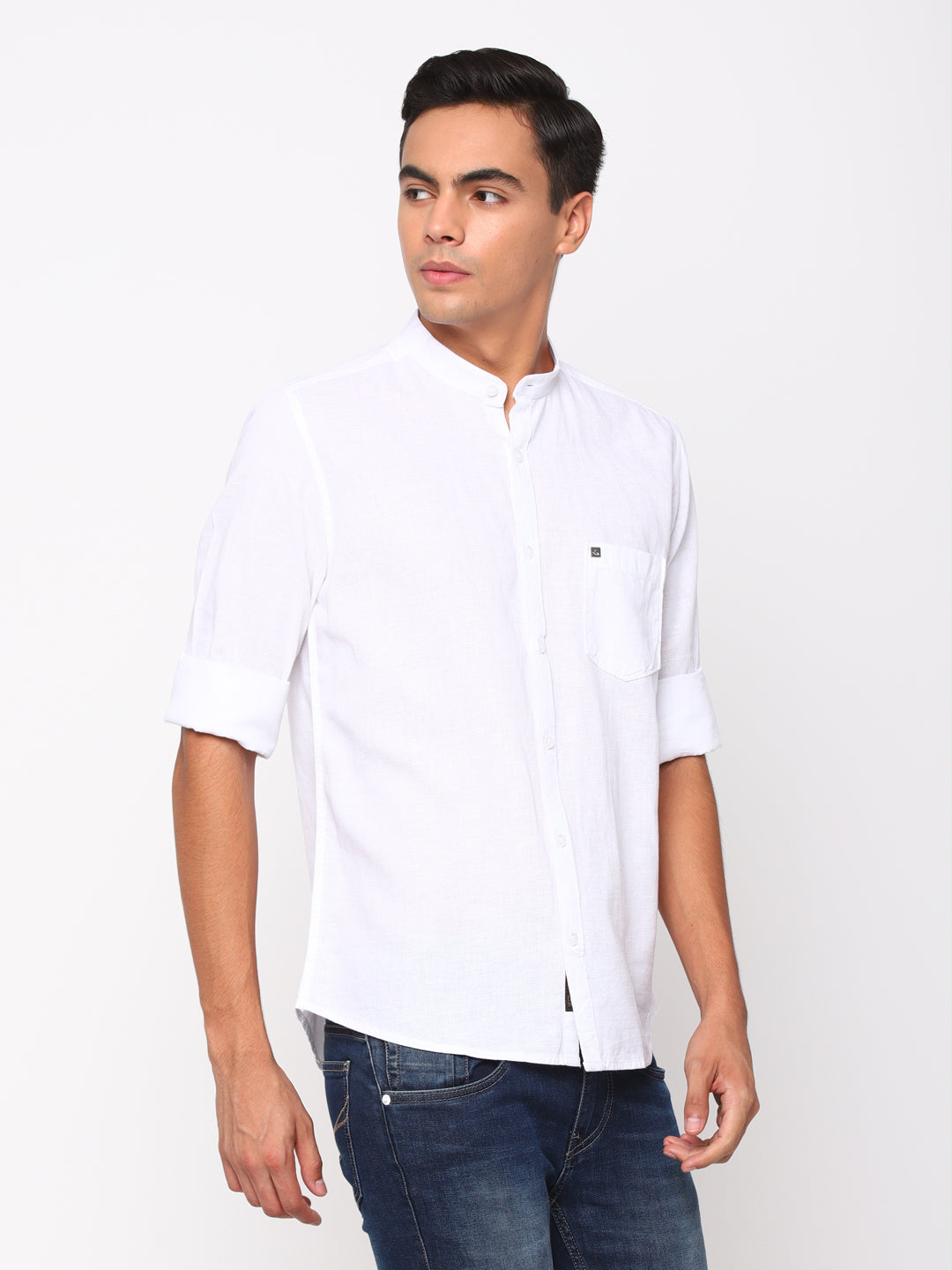 Slim Fit Cotton Linen Plain White Mandarin Collar Shirt