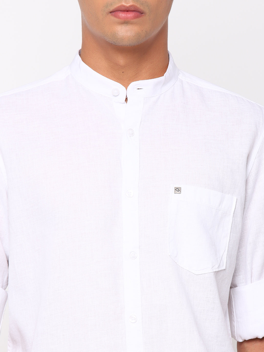 Slim Fit Cotton Linen Plain White Mandarin Collar Shirt