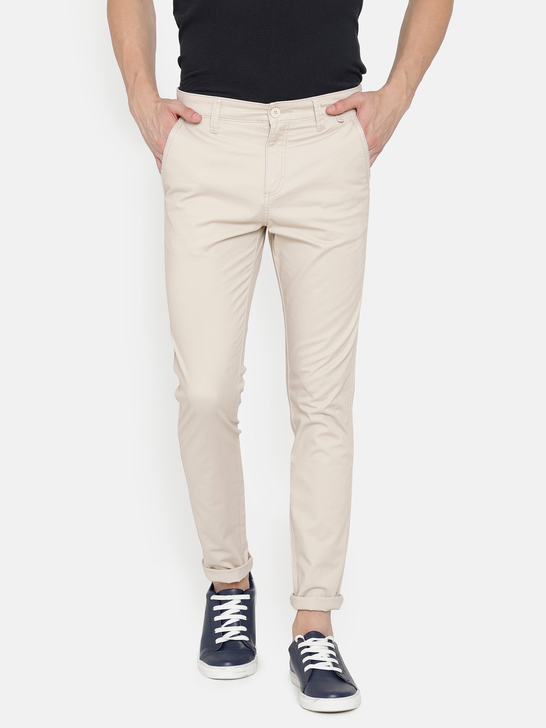 Americanelm MenS Beige Solid Slim Fit Stretchable Formal Trouser