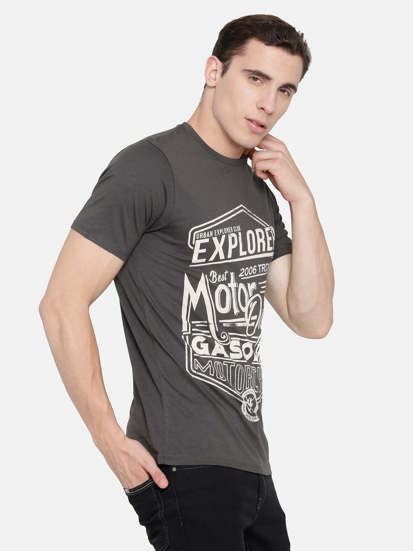 Charcoal Grey Chest Printed T-Shirt