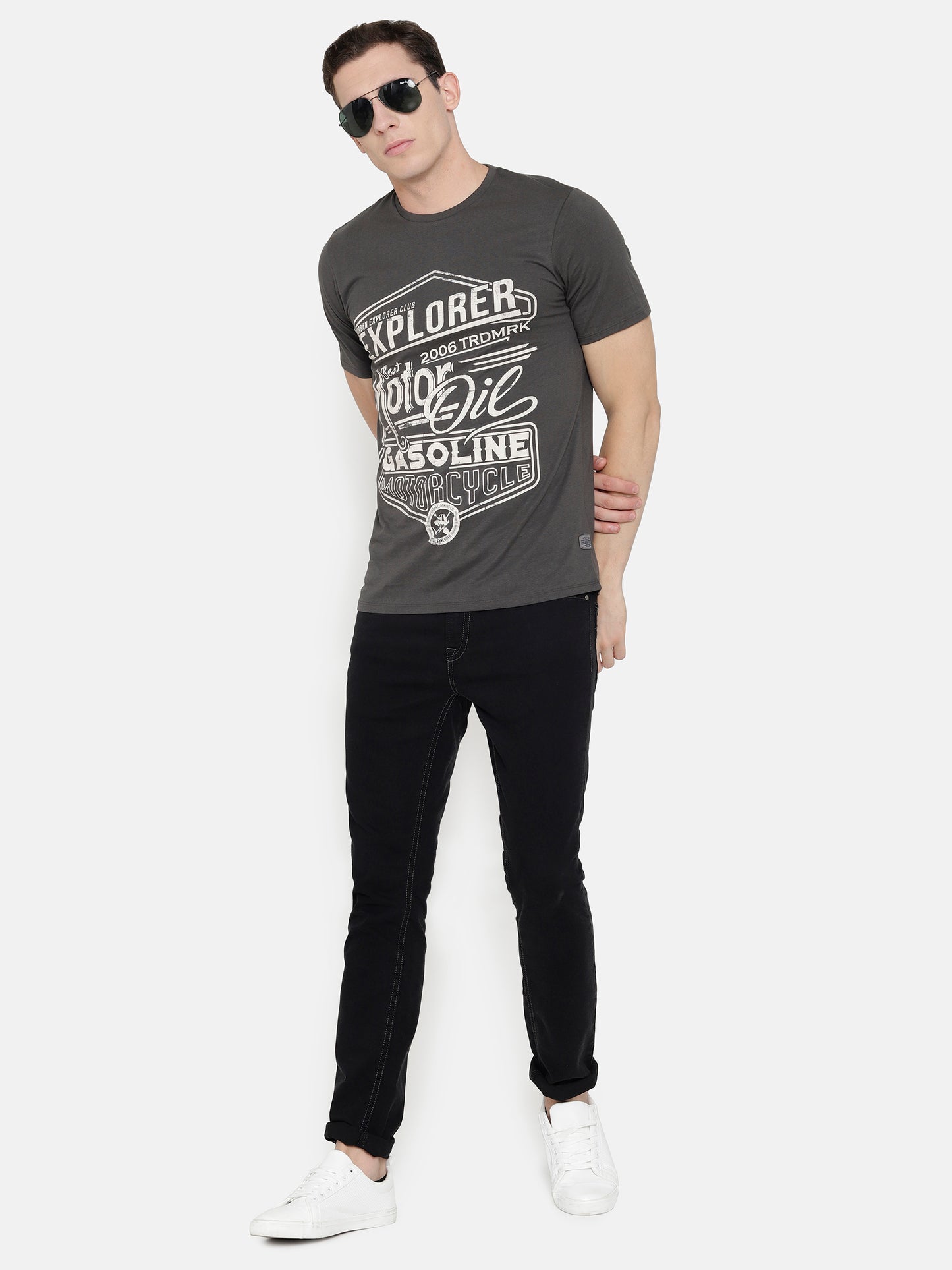 Charcoal Grey Chest Printed T-Shirt