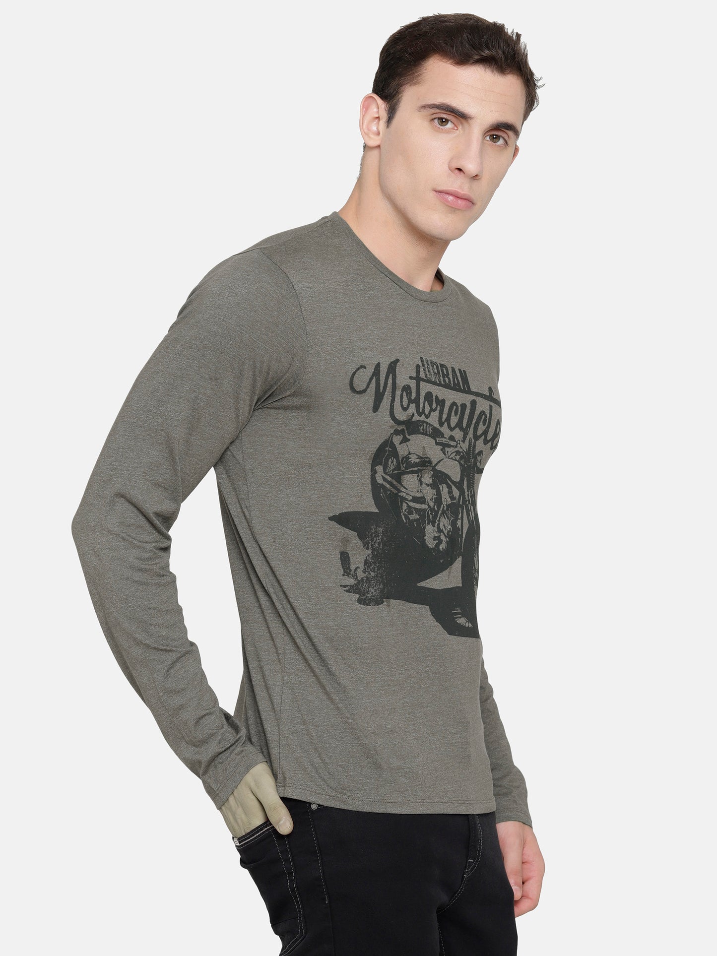 Army Green Chest Printed T-Shirt -Full Sleeve