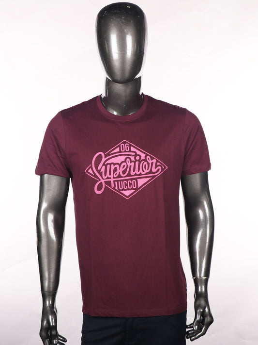 Slim Fit Wine Red T-Shirt with Chest Print