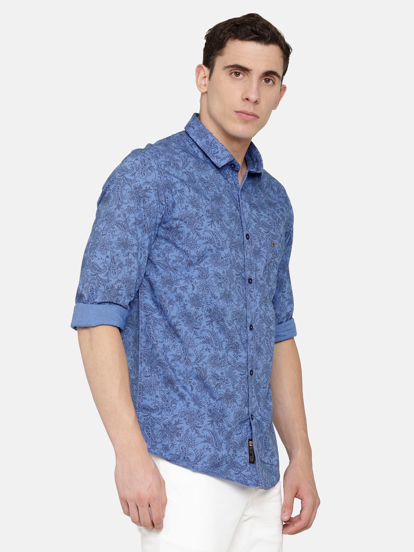 Slim Fit Blue Shirt with Floral Print