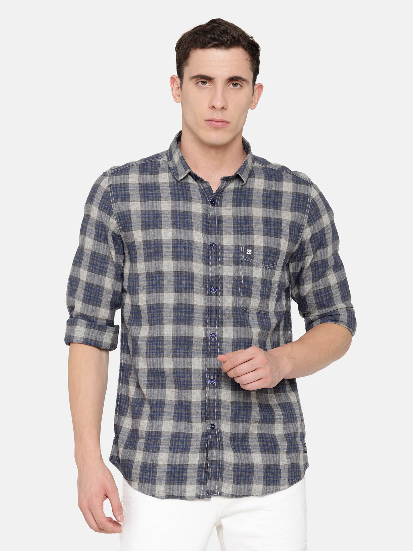 Navy and Grey Melange Checkered Shirt