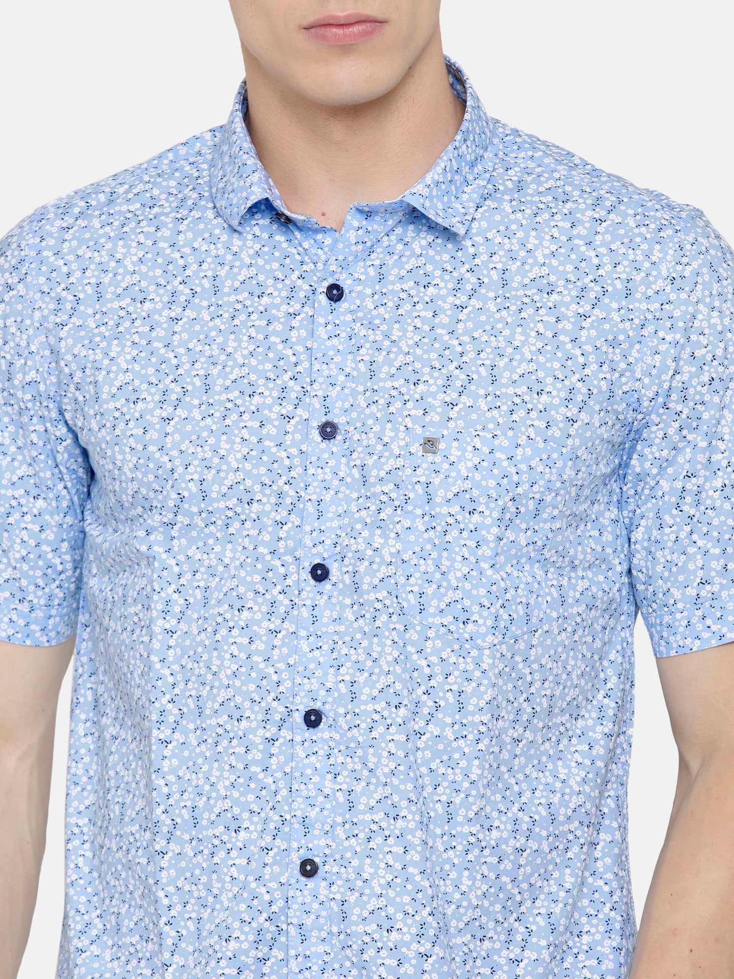 Slim Fit Sky Blue Floral Printed Shirt- Short Sleeve